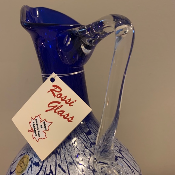 Rossi Blown GlassWater Pitcher Wine Decanter Cobalt Blue with White Crackle - Picture 3 of 5